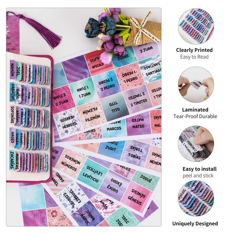 BRYTEFY Spanish Bible Tabs for Women - Laminated Purple Catholic Spanish Bible Indexing Tabs for Old and New Testament, Large Print, Easy to Read, 90 tabs in Total (73 Bible tabs + 17 Blank tabs) - Image 4